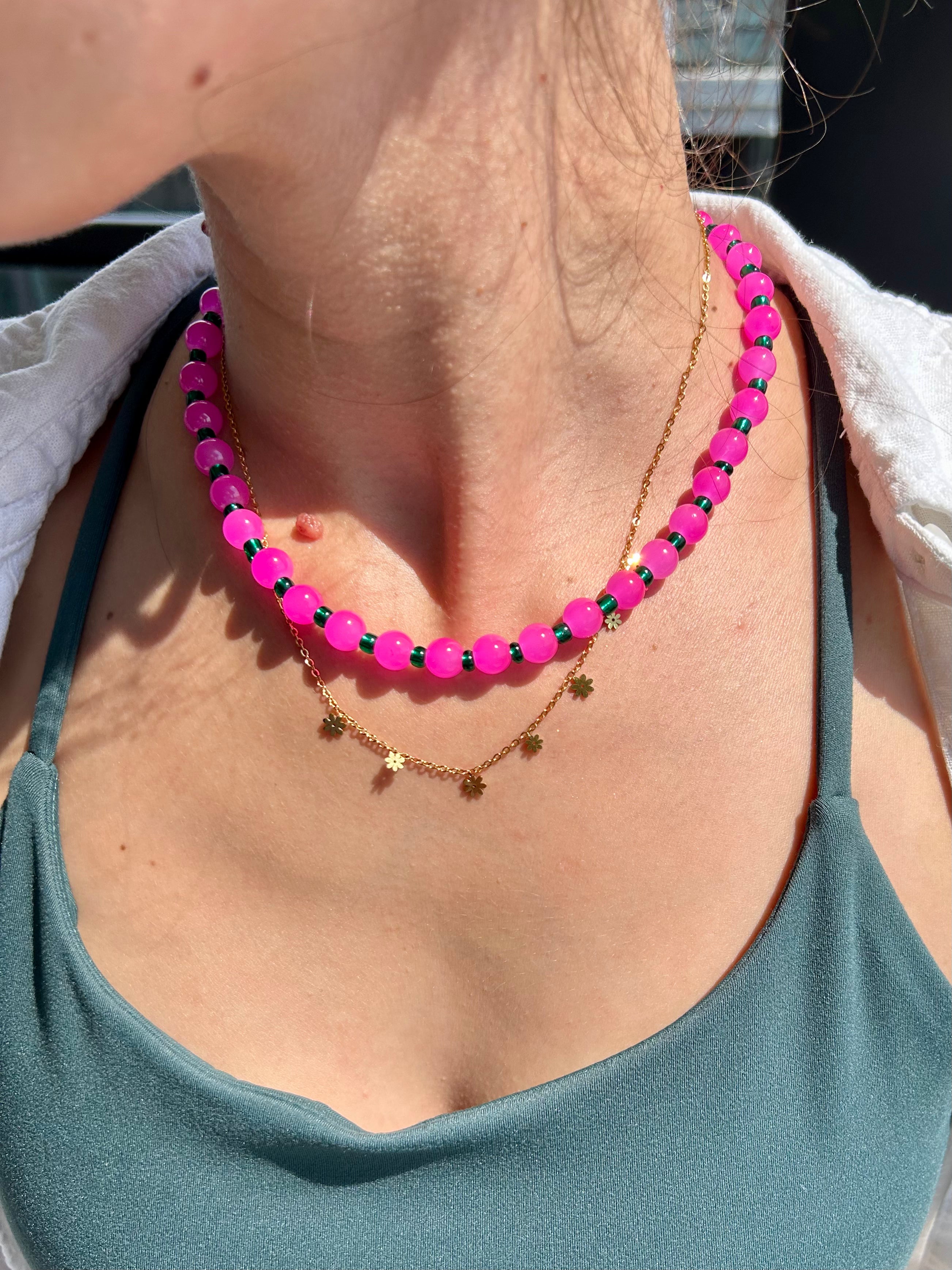 Fuschia & Green Beaded Necklace